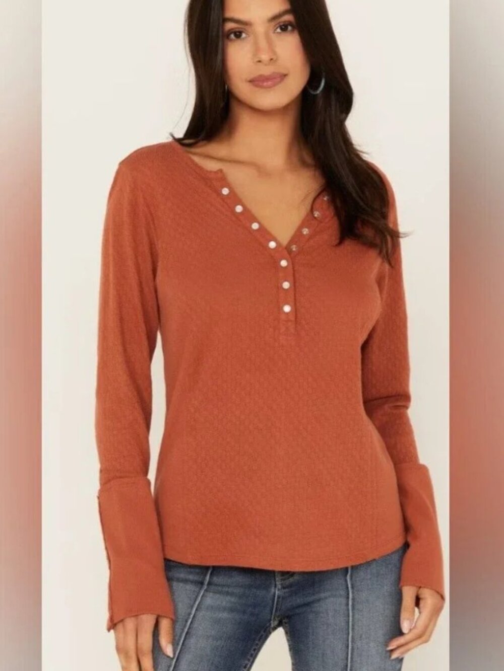 Idyllwind Long Sleeve Henley Top in Burnt Orange Pearl Knit Western, Size M